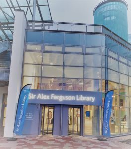 Image of the entrance to Sir Alex Ferguson Library with Icarus filter.